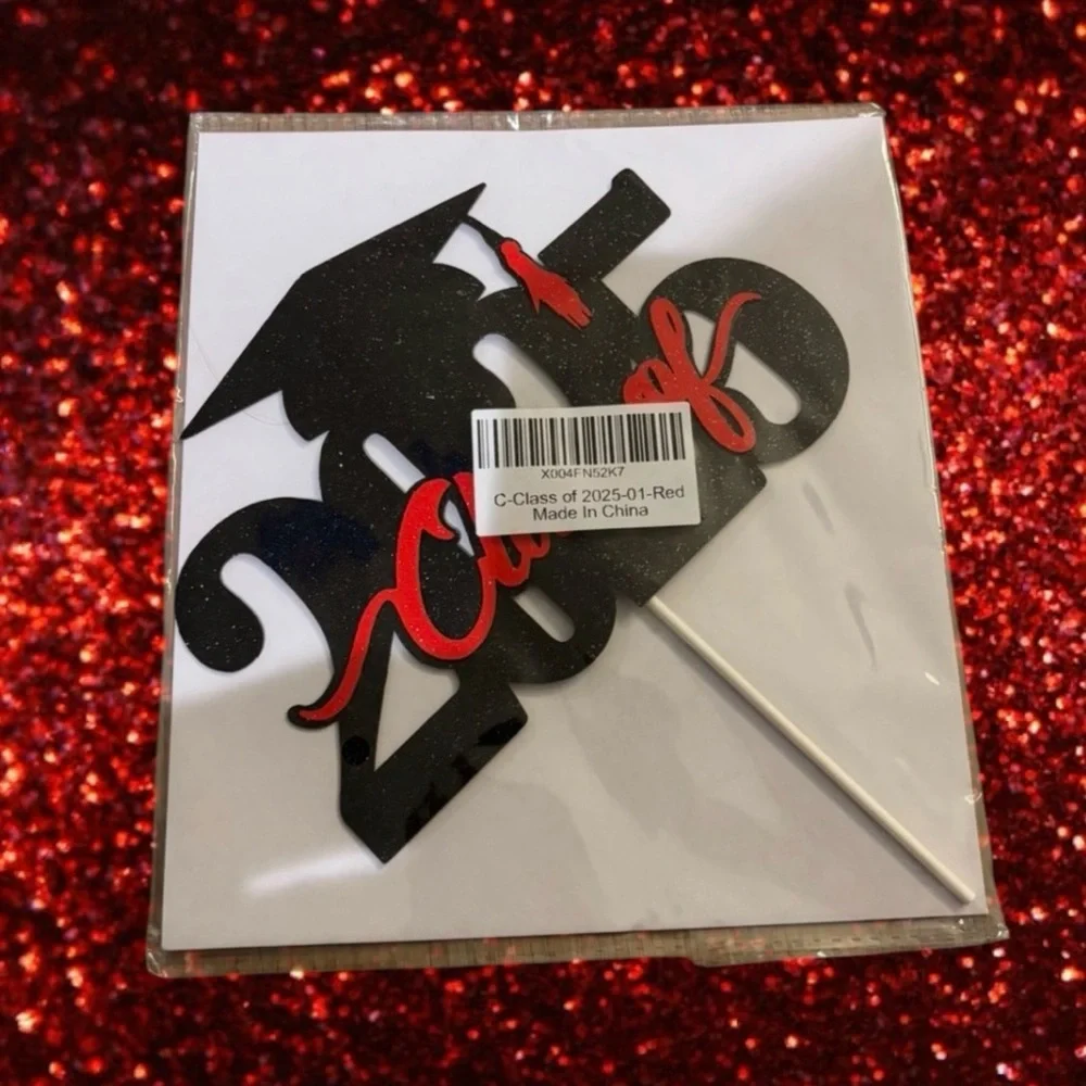 Class of 2025 Graduation Cake Topper - Black and Red Glitter